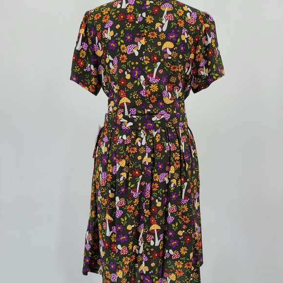Modcloth Green Belted Dress with Floral and Mushroom Pattern - Picture 7 of 11